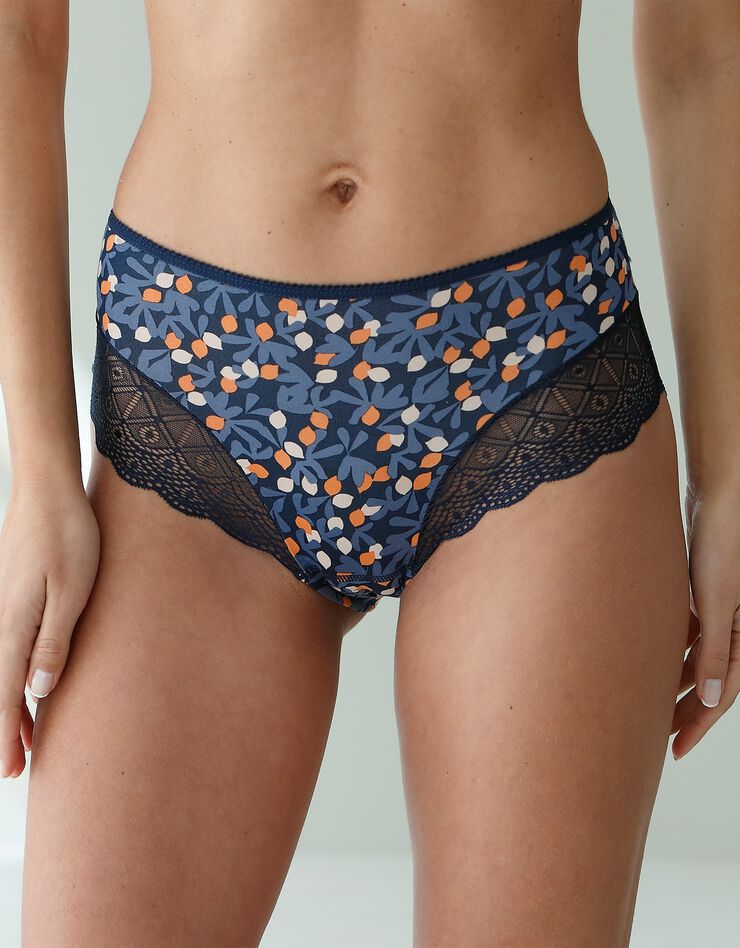 Culotte forme maxi coton stretch imprimé "fruits" et dentelle - lot de 3 (marine + bleu + orange) Culotte forme maxi coton stretch imprimé "fruits" et dentelle - lot de 3 (marine + bleu + orange)