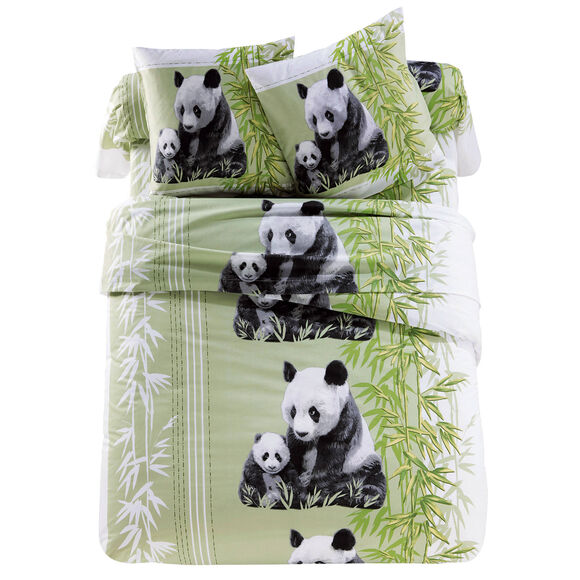 Linge de lit imprimé Pandas, polycoton (vert)