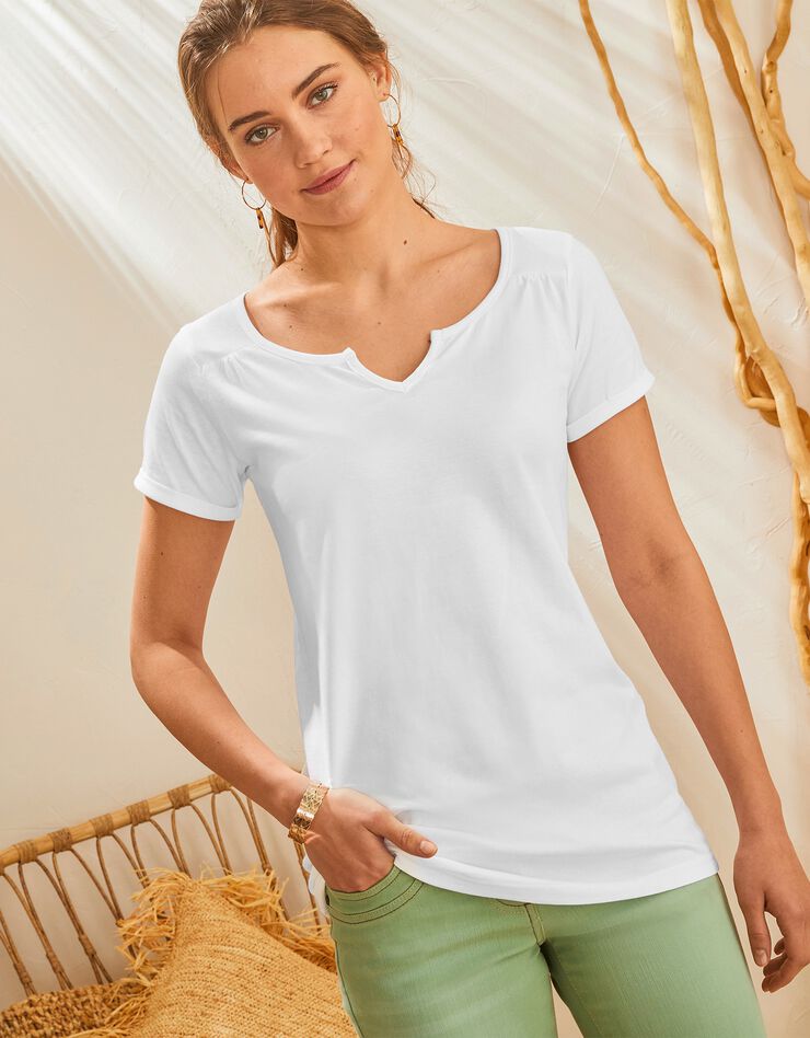 Tee-shirt col tunisien uni coton bio (blanc) Tee-shirt col tunisien uni coton bio (blanc)
