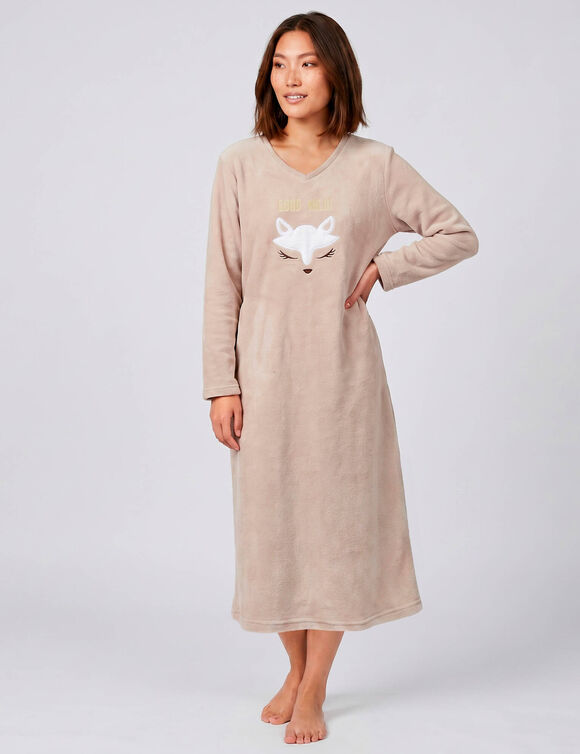 Chemise de nuit longue motif "renard", maille polaire (taupe)
