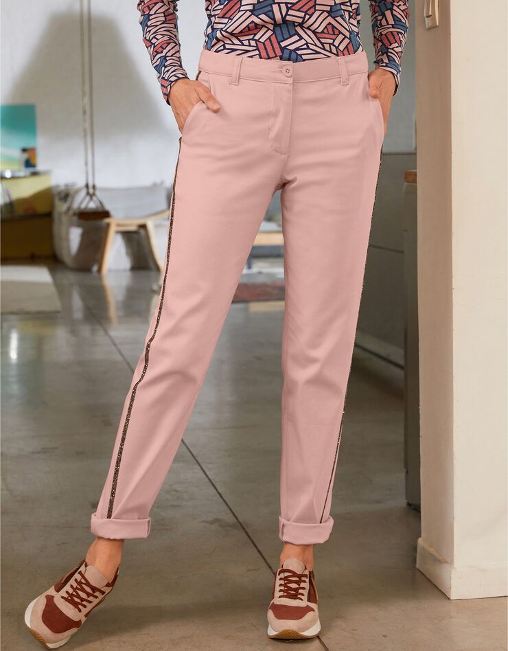 Pantalon chino bande strassée (rose grisé)