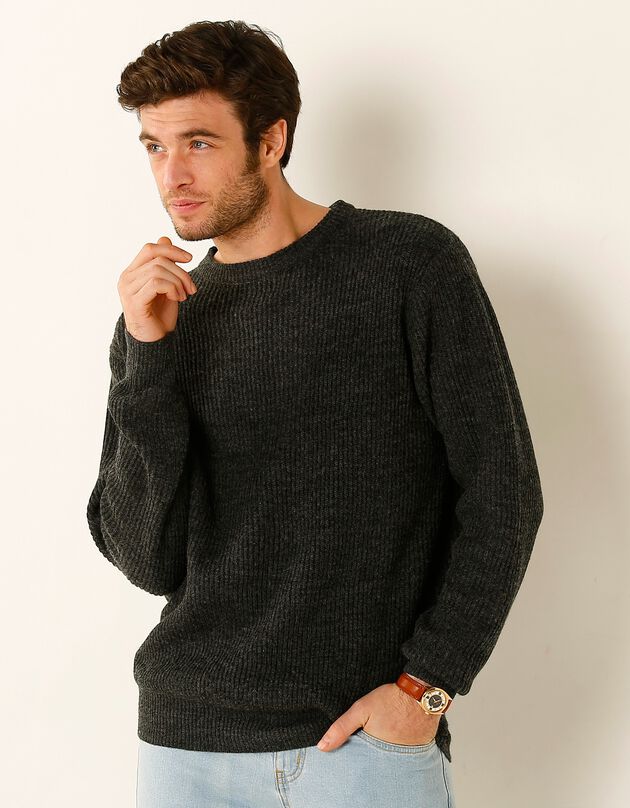 Pull col rond côte anglaise 30% laine (anthracite)