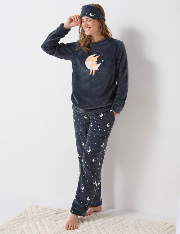 Pyjama polaire "faon" pantalon large + masque assorti (ardoise)