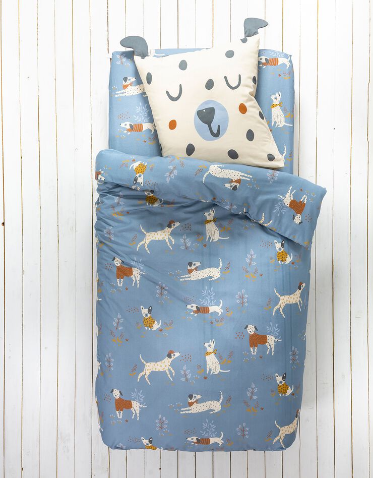 Linge de lit enfant Dalma - coton biologique imprimé chiens (bleu)