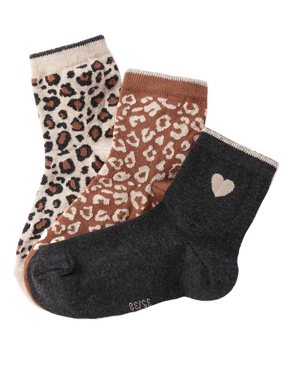 Chaussettes fantaisie motif l&eacute;opard - lot de 3 (gris + caramel + beige)