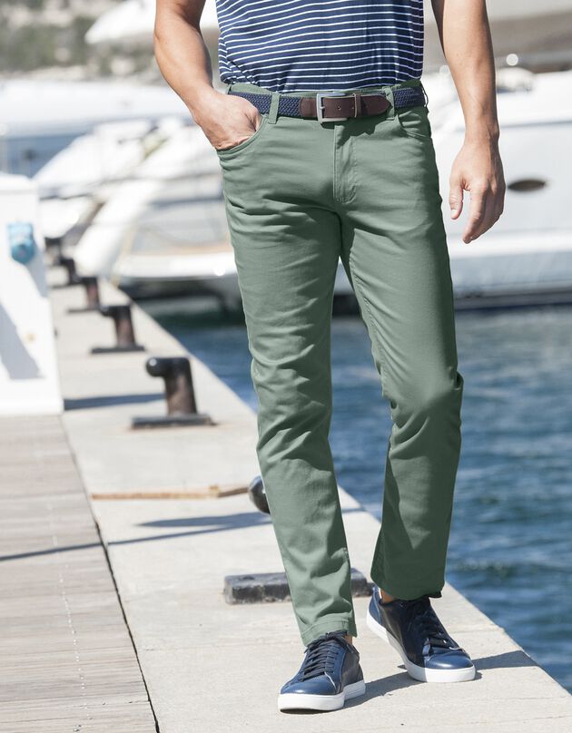 Pantalon droit 5 poches twill coton extensible (vert amande)