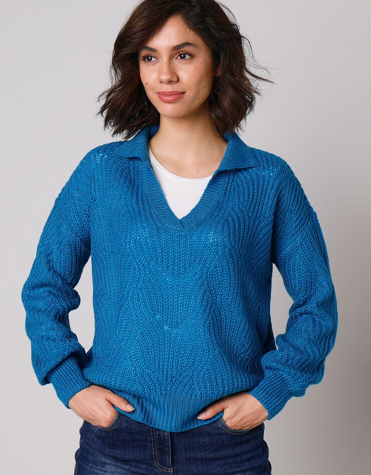 Pull manches bouffantes - col polo (bleu paon) Pull manches bouffantes - col polo (bleu paon)