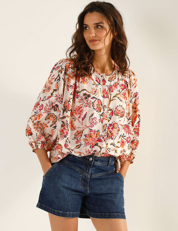 Chemisier manches 3/4, imprim&eacute; fleurs indiennes (&eacute;cru)