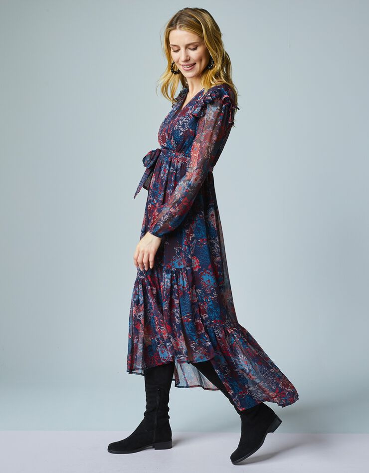 Long ruffled wrap dress in printed voile
