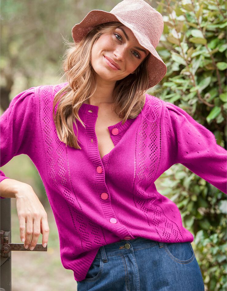 Cardigan boutonné, maille ajourée toucher cachemire (fuchsia) Cardigan boutonné, maille ajourée toucher cachemire (fuchsia)