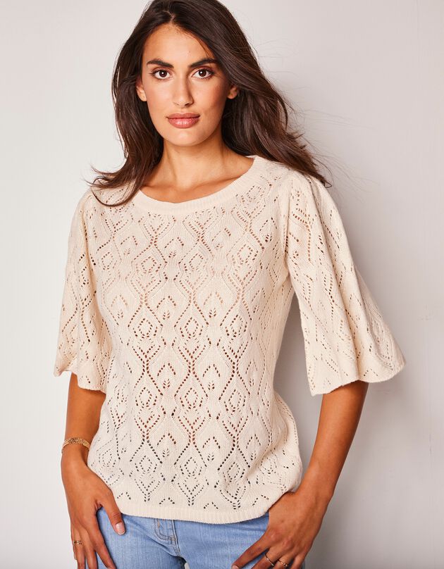 Pull col bateau, maille fantaisie (naturel)