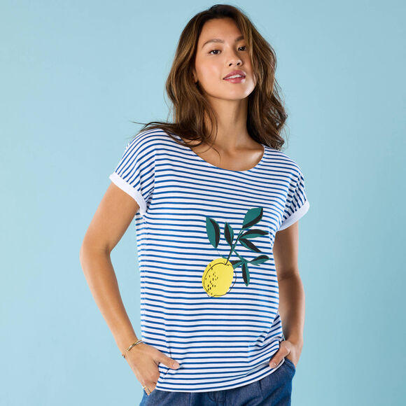 T-shirt manches courtes ray&eacute; imprim&eacute; plac&eacute;,  Sp&eacute;cial Petites (blanc / bleu)