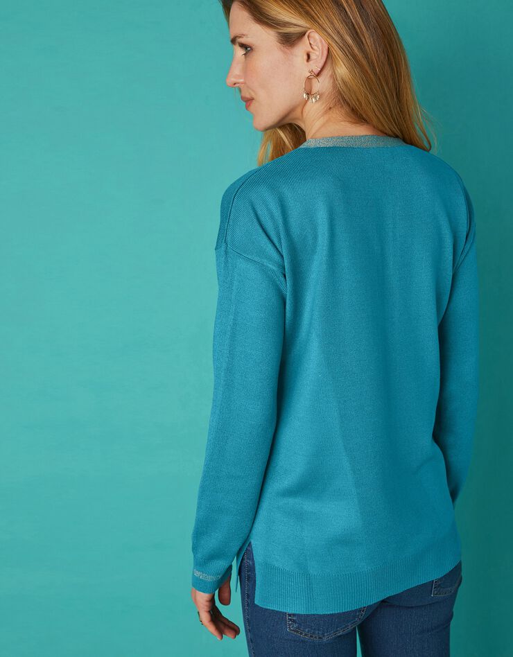 Pull col tunisien toucher cachemire détails brillants (bleu glacier) Pull col tunisien toucher cachemire détails brillants (bleu glacier)