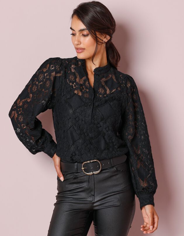 Blouse boutonnée unie dentelle graphique (noir)