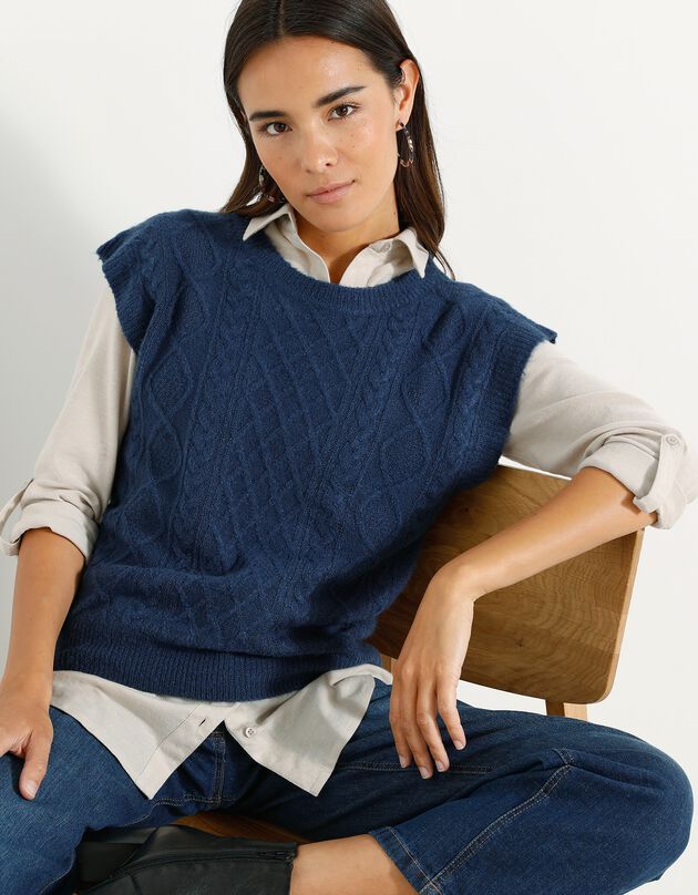 Pull torsadé sans manches, épaules tombantes (marine)