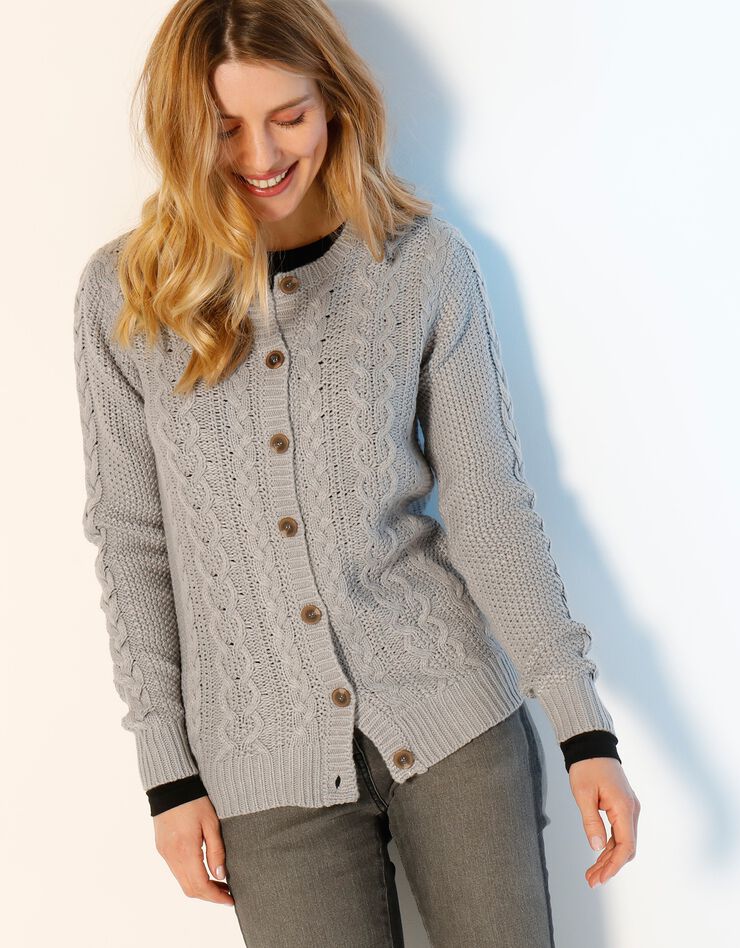 Cardigan boutonné, maille torsadée (gris) Cardigan boutonné, maille torsadée (gris)