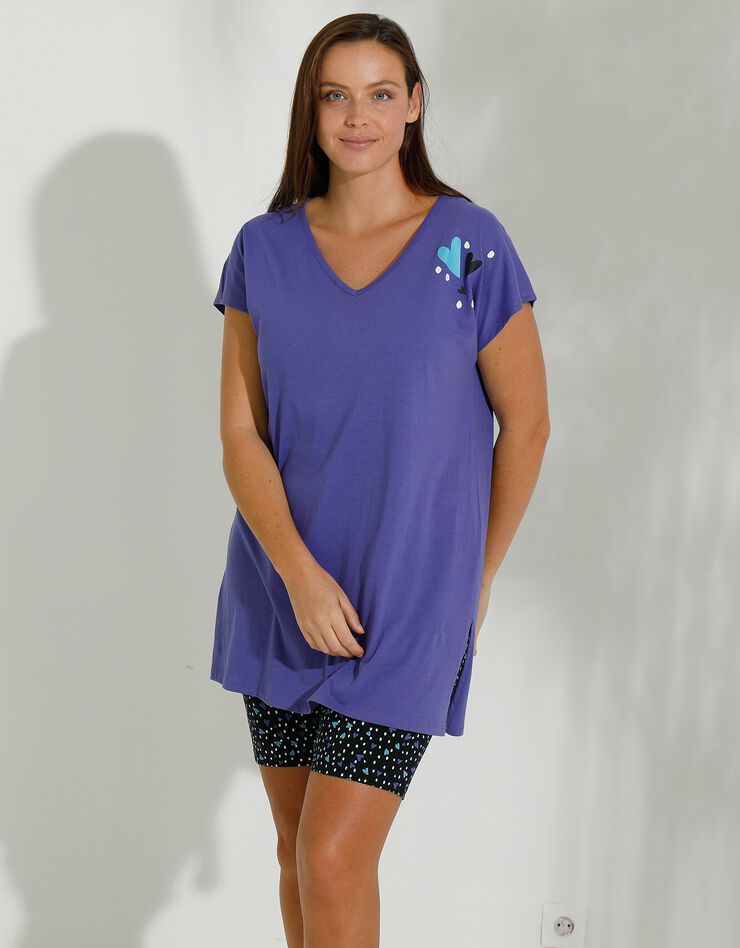 Pyjama cycliste coton imprimé coeur (violet / noir)