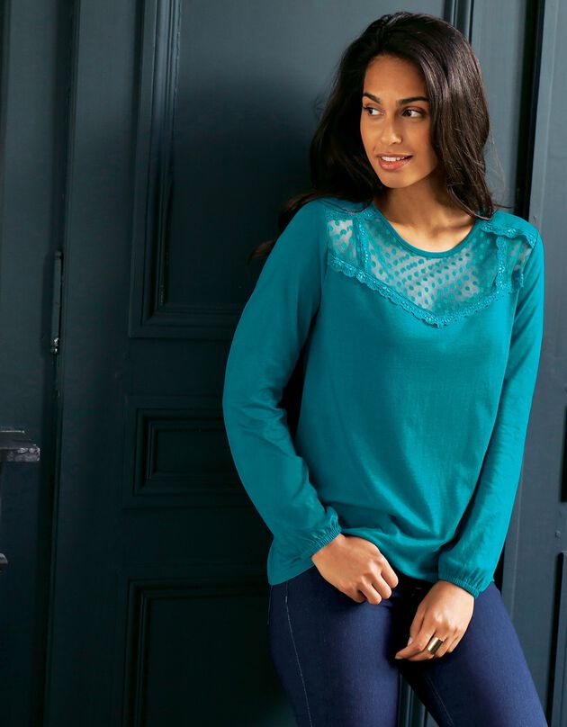 Tee-shirt uni plastron plumetis et dentelle (bleu canard)