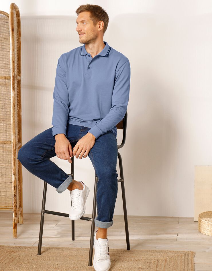 Polo uni maille piquée manches longues (bleu jean) Polo uni maille piquée manches longues (bleu jean)