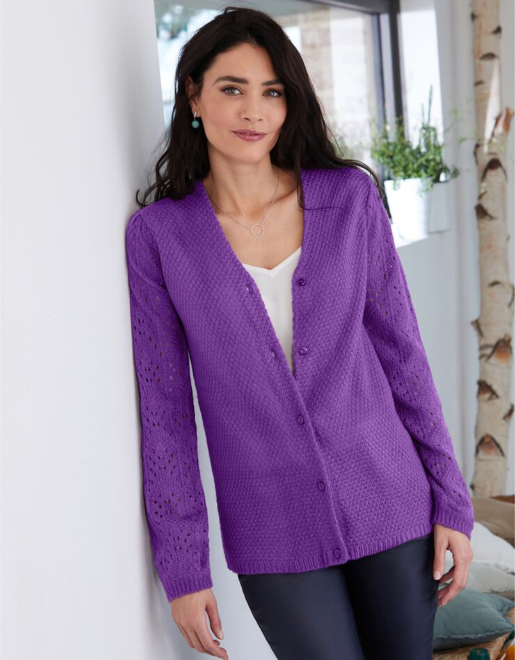 Gilet boutonné maille fantaisie toucher mohair (violine) Gilet boutonné maille fantaisie toucher mohair (violine)