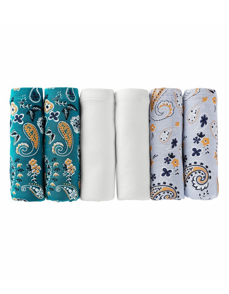 Culotte forme maxi coton motifs cachemire – Lot de 6 (émeraude / ciel) Culotte forme maxi coton motifs cachemire – Lot de 6 (émeraude / ciel)