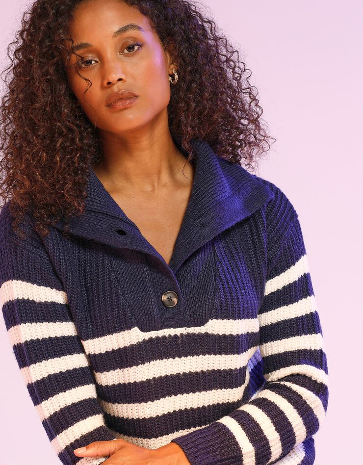 Pull col camionneur rayé, maille anglaise toucher mohair (marine / blanc) Pull col camionneur rayé, maille anglaise toucher mohair (marine / blanc)
