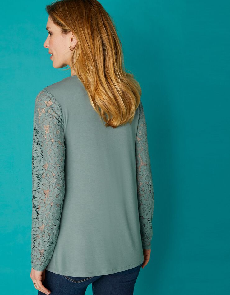 Tee-shirt col rond manches longues, dentelle jersey (kaki) Tee-shirt col rond manches longues, dentelle jersey (kaki)