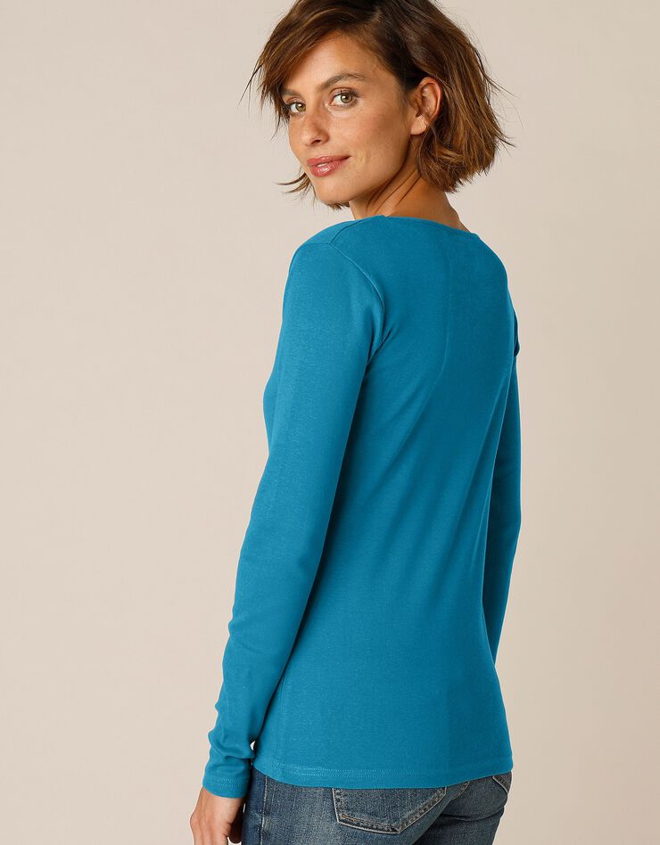 Tee-shirt uni manches longues jersey coton bio (bleu paon)
