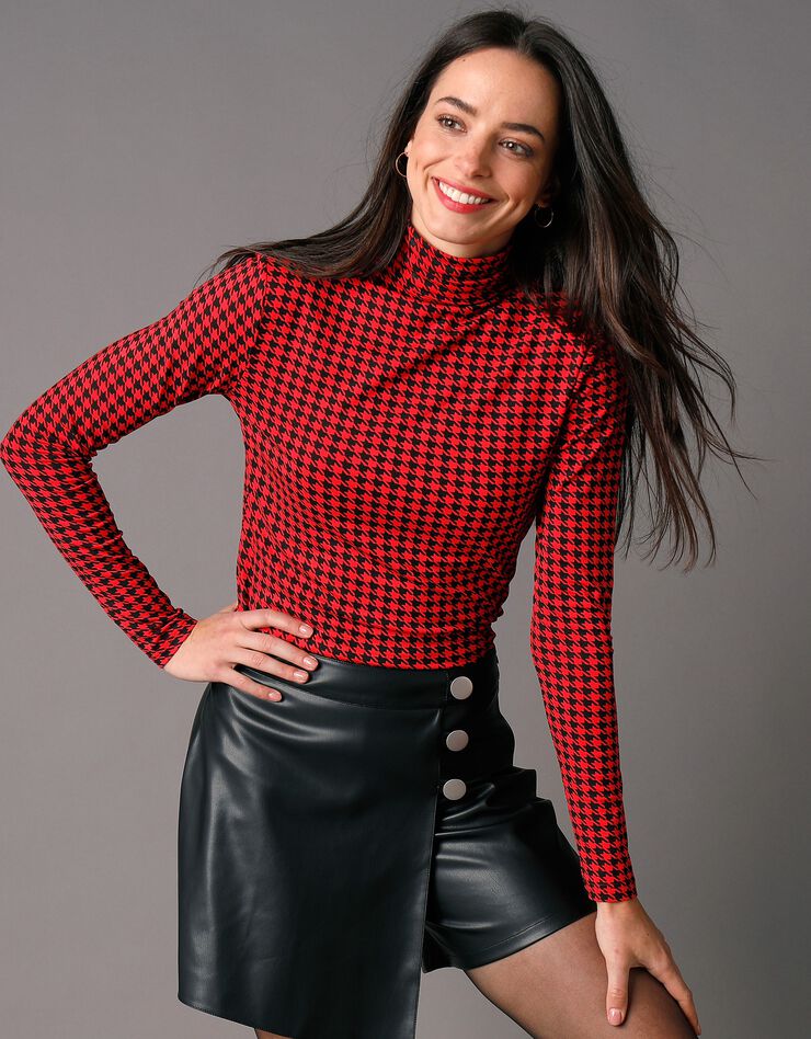 Sous-pull col montant imprimé pied-de-poule, stretch (noir / rouge)
