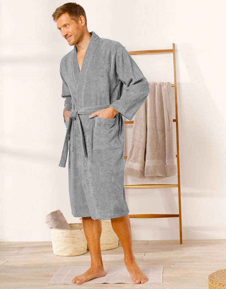 Peignoir mixte adulte col kimono éponge bouclette (gris) Peignoir mixte adulte col kimono éponge bouclette (gris)