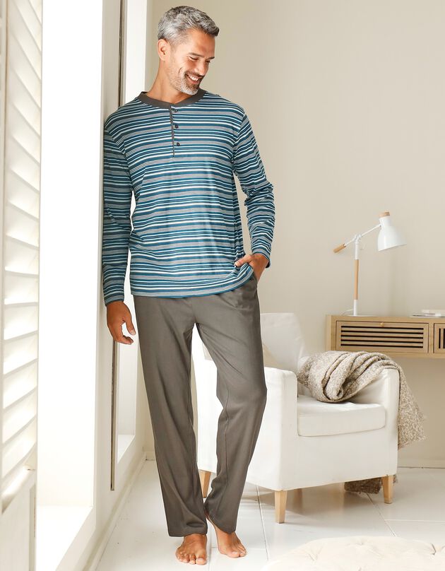 Pyjama rayé col tunisien (anthracite / bleu canard)