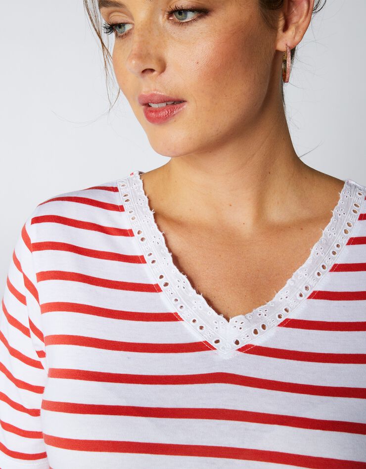 Tee-shirt rayé col V broderie anglaise, tissé-teint (blanc / orange) Tee-shirt rayé col V broderie anglaise, tissé-teint (blanc / orange)