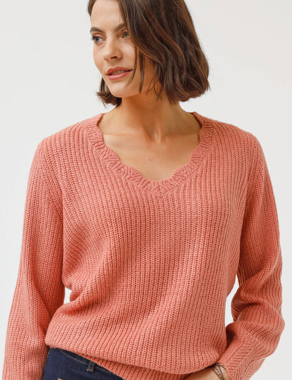 Pull col V, maille anglaise (bois de rose)