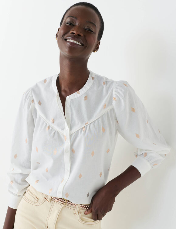 Chemisier imprim&eacute; dor&eacute;, voile de coton (&eacute;cru)