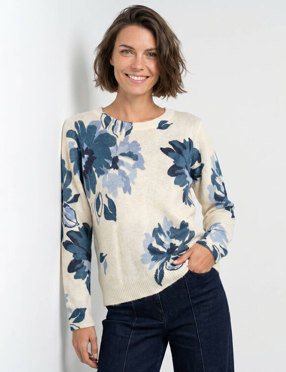 Pull imprim&eacute; fleurs (&eacute;cru / bleu)