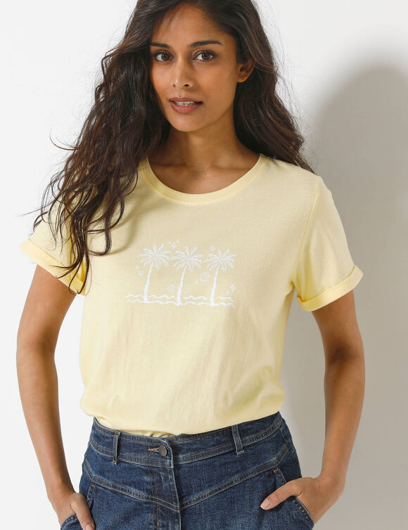 T-shirt manches courtes, imprim&eacute; palmiers devant (jaune / blanc)