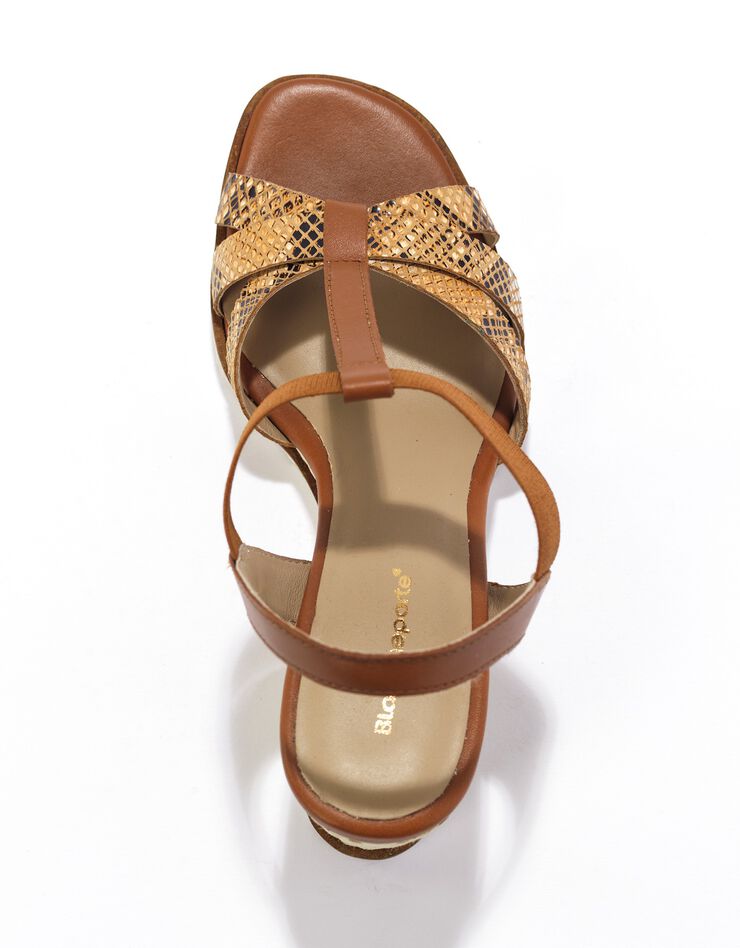 Salomés compensées en cuir effet python, talon fantaisie  (caramel)