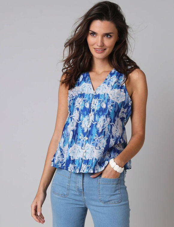 Blouse &agrave; godets imprim&eacute; fleuri, sans manches (bleu)