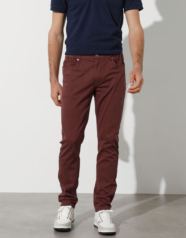 Pantalon droit 5 poches twill coton extensible (bordeaux)