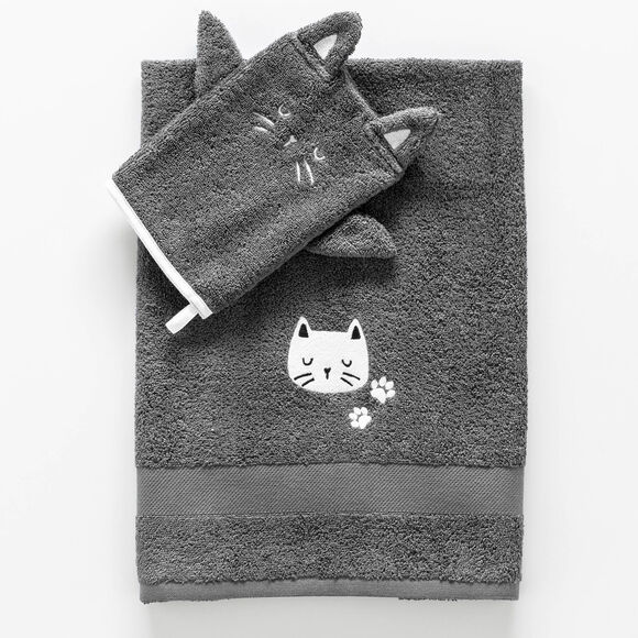 Collection éponge enfant brodée chat coton - 380 g/m2 (anthracite)