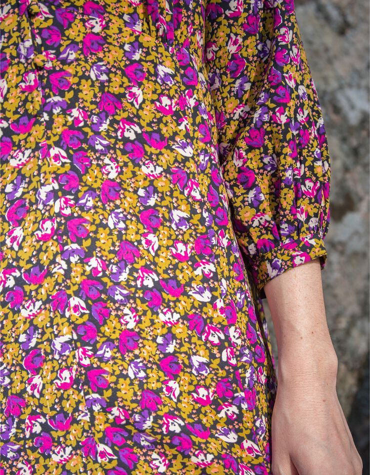 Robe manches 3/4 imprimé fleuri (noir / violine)