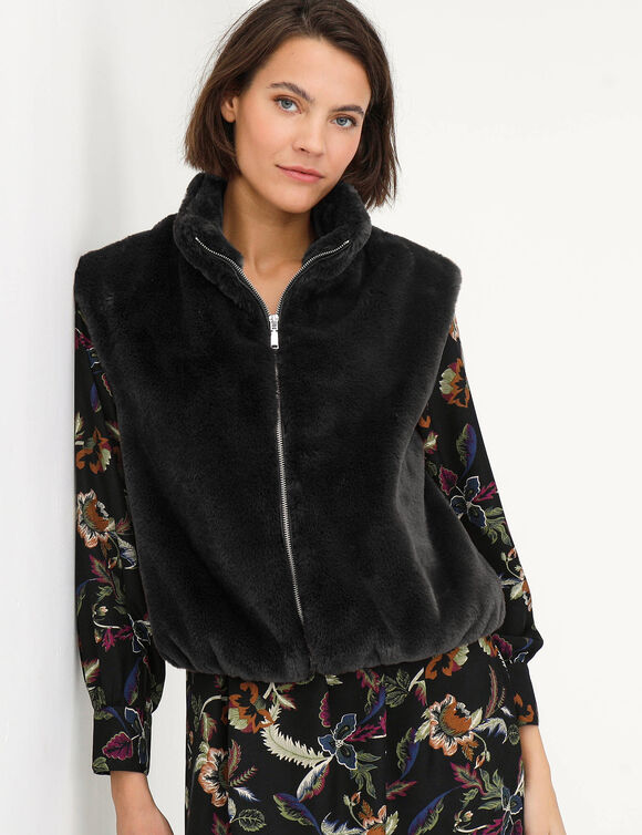 Veste sans manches zipp&eacute;e, mati&egrave;re duveteuse (noir)