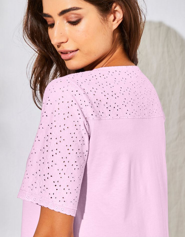 Chemise de nuit longue coton et broderie anglaise  (lilas)