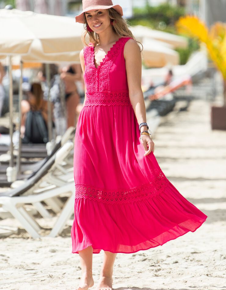 Robe longue volantée macramé (framboise)