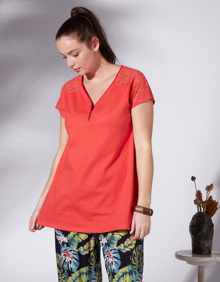Tee-shirt zippé manches courtes dentelle - marine (corail)