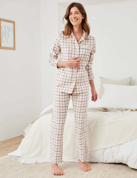 Pyjama pantalon en flanelle tiss&eacute; teint carreaux (&eacute;cru / rose)