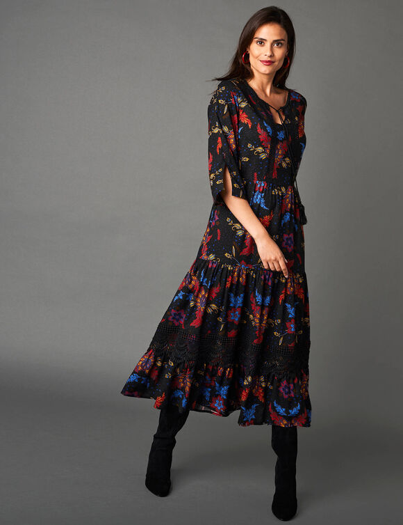 Robe longue imprimée manches 3/4 (noir / rouge)