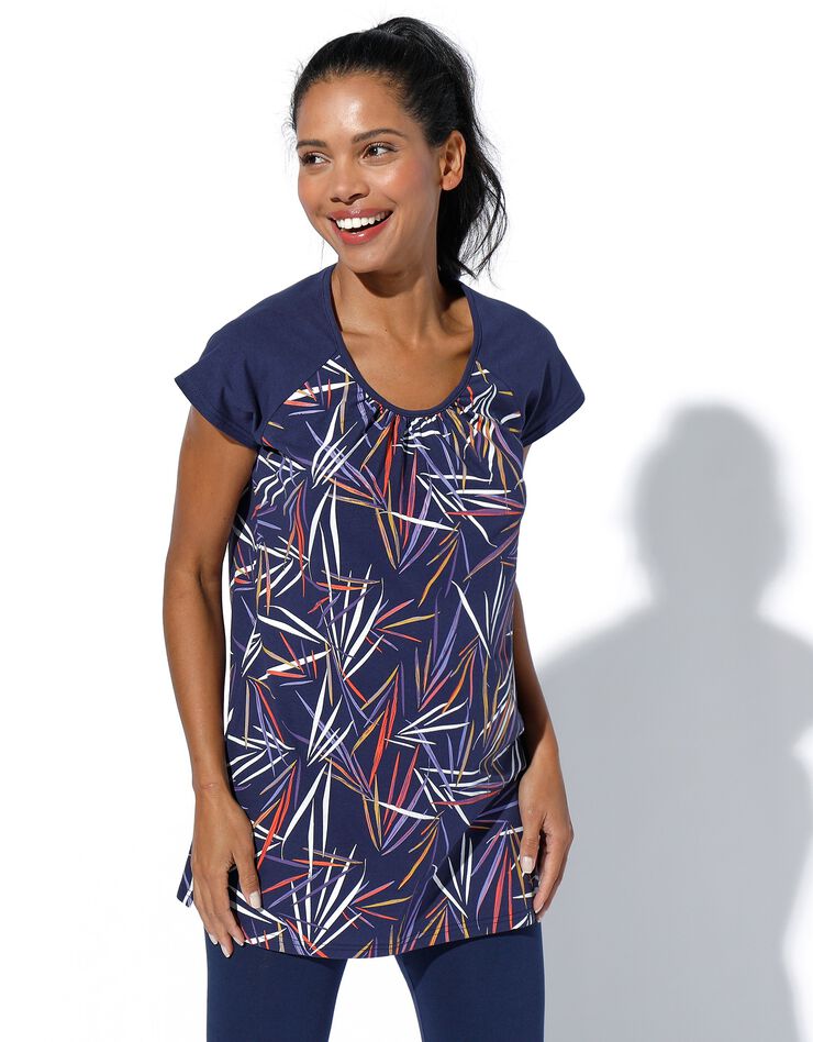 Tee-shirt imprimé encolure froncée, manches courtes (marine / multicolore) Tee-shirt imprimé encolure froncée, manches courtes (marine / multicolore)
