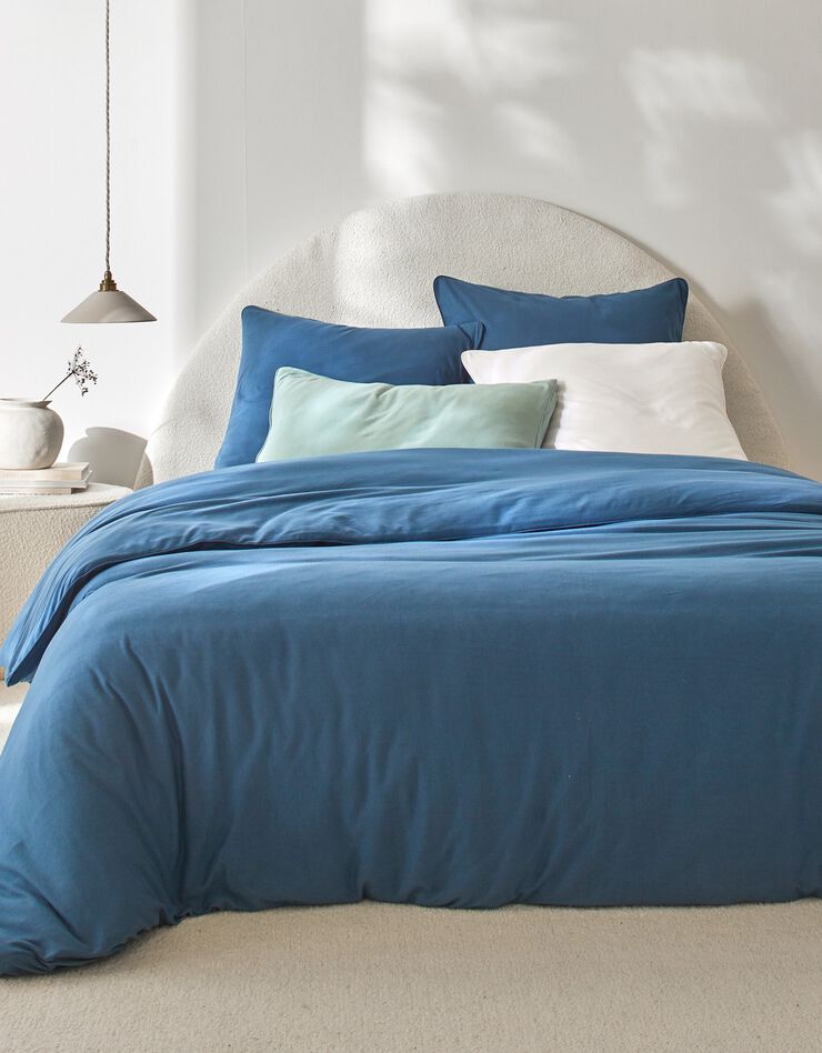 Linge de lit uni en jersey passepoilé coton (bleu)
