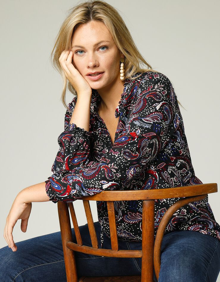 Blouse volantée imprimée cachemire (noir / bleu) Blouse volantée imprimée cachemire (noir / bleu)